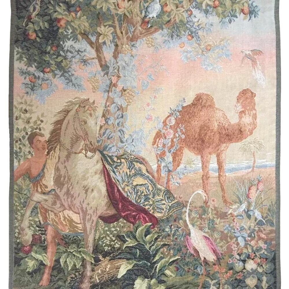 Vintage Exquisite "Horse & Camel Tropical" Tapestry French Pictorial Home Decor